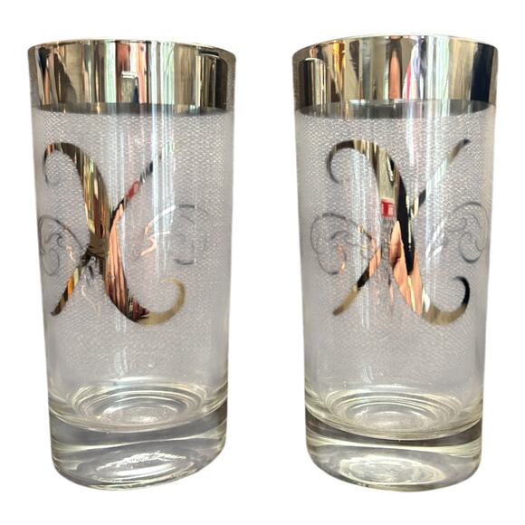 Vintage MCM Silver FadeTall Glasses Queens Lusterware Monogrammed X Good Cond - Picture 1 of 8